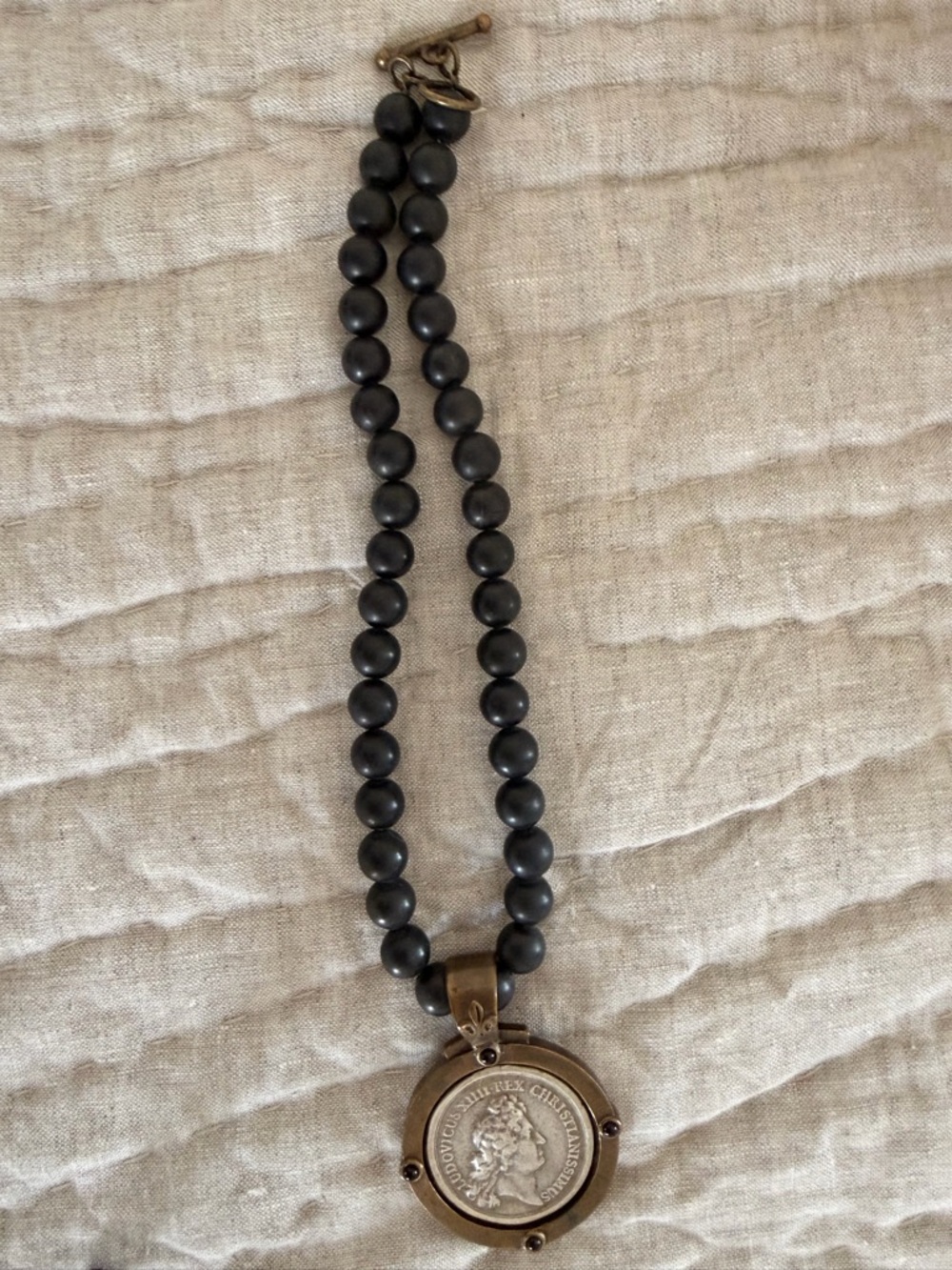Black Beaded Necklace with Coin Pendant